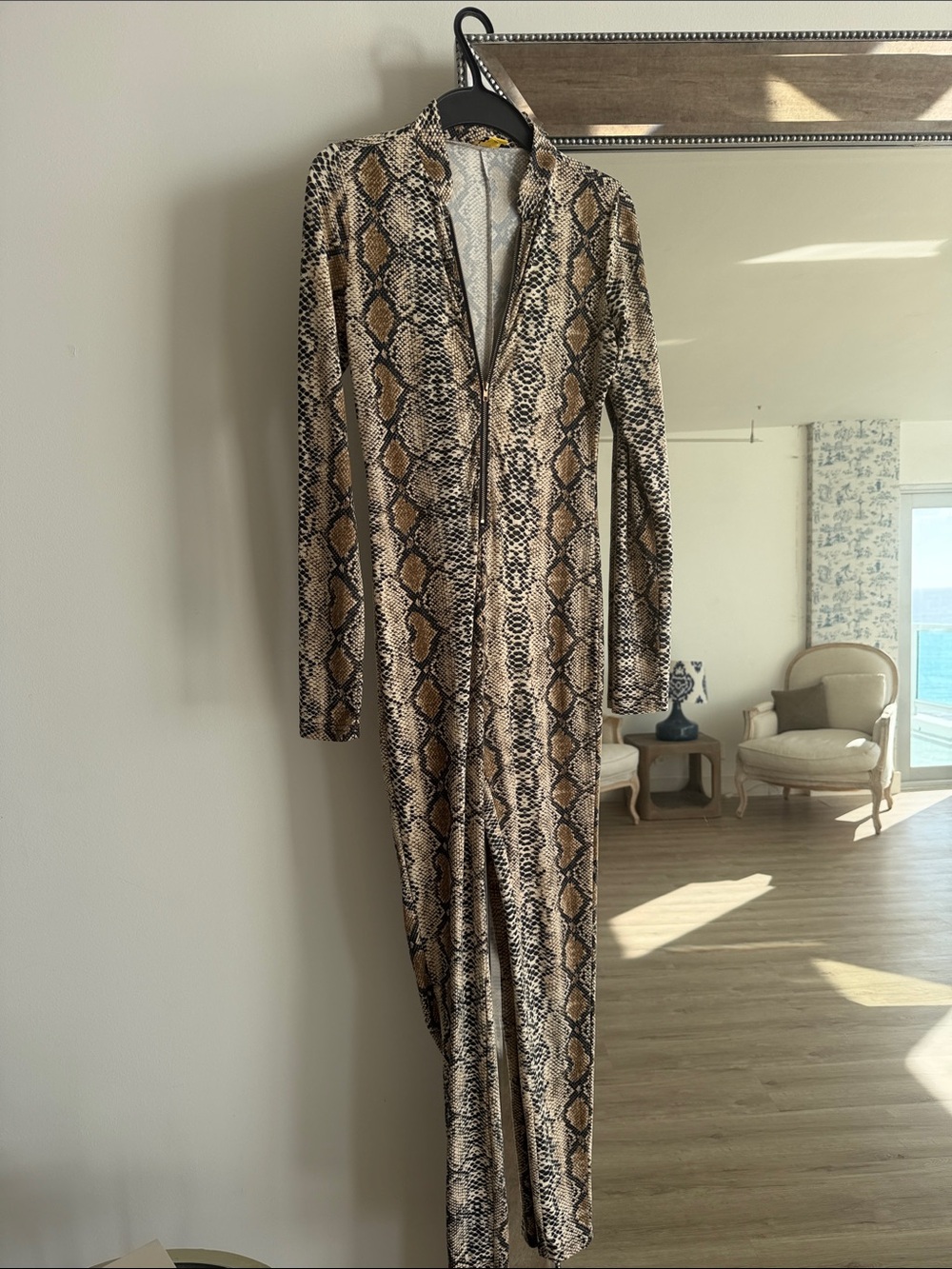 Daisy Snake-Print Zip Front Jumpsuit in Tan, Black & Cream